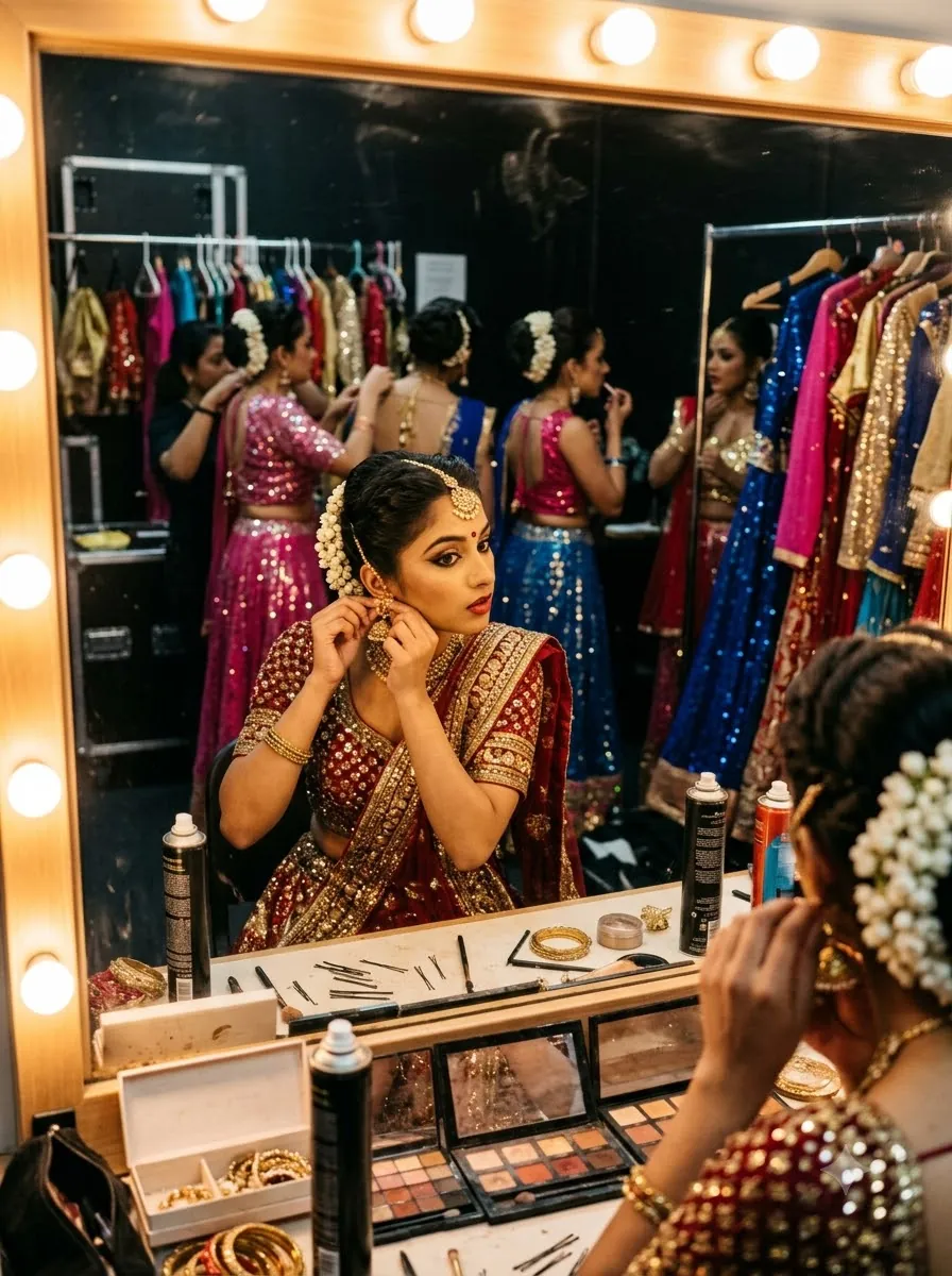 Dancers getting ready backstage before a Bollywood show