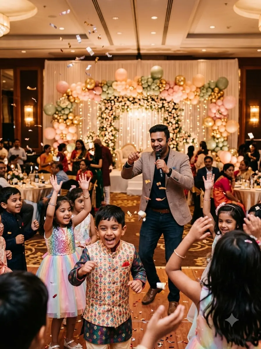 Children dancing at a birthday party with a balloon arch