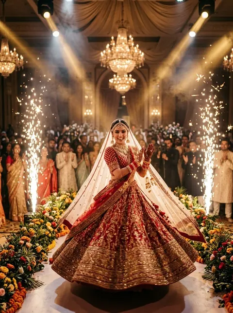 Bride’s sangeet dance entry with sparkler fountains