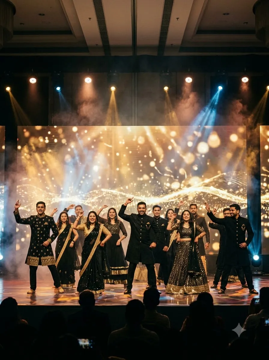 Employees performing a choreographed dance at a corporate annual day