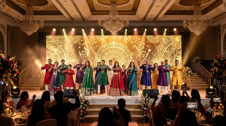 Twenty-member family Bollywood medley on a sangeet stage