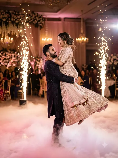 Couple’s first dance in low fog at a wedding reception