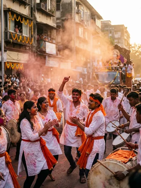 Dhol tasha and folk dance at a Mumbai Ganpati procession