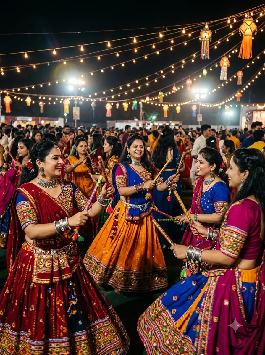 Women in chaniya cholis playing dandiya at a Navratri Garba night