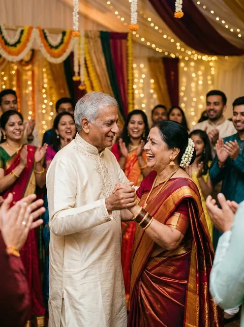 Grandparents dancing together at a family sangeet