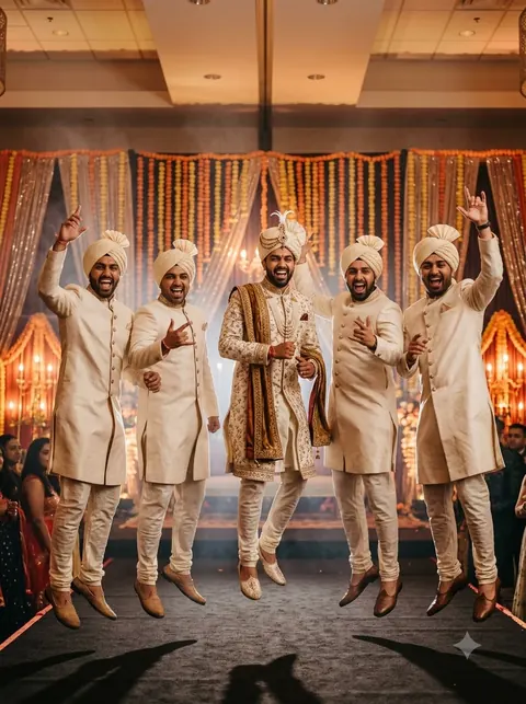Groom and friends in sherwanis performing a group dance