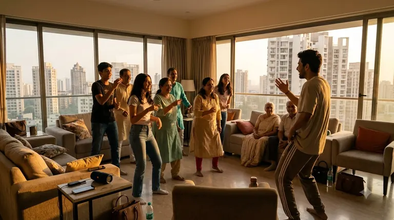 Choreographer rehearsing a sangeet routine with a family at home