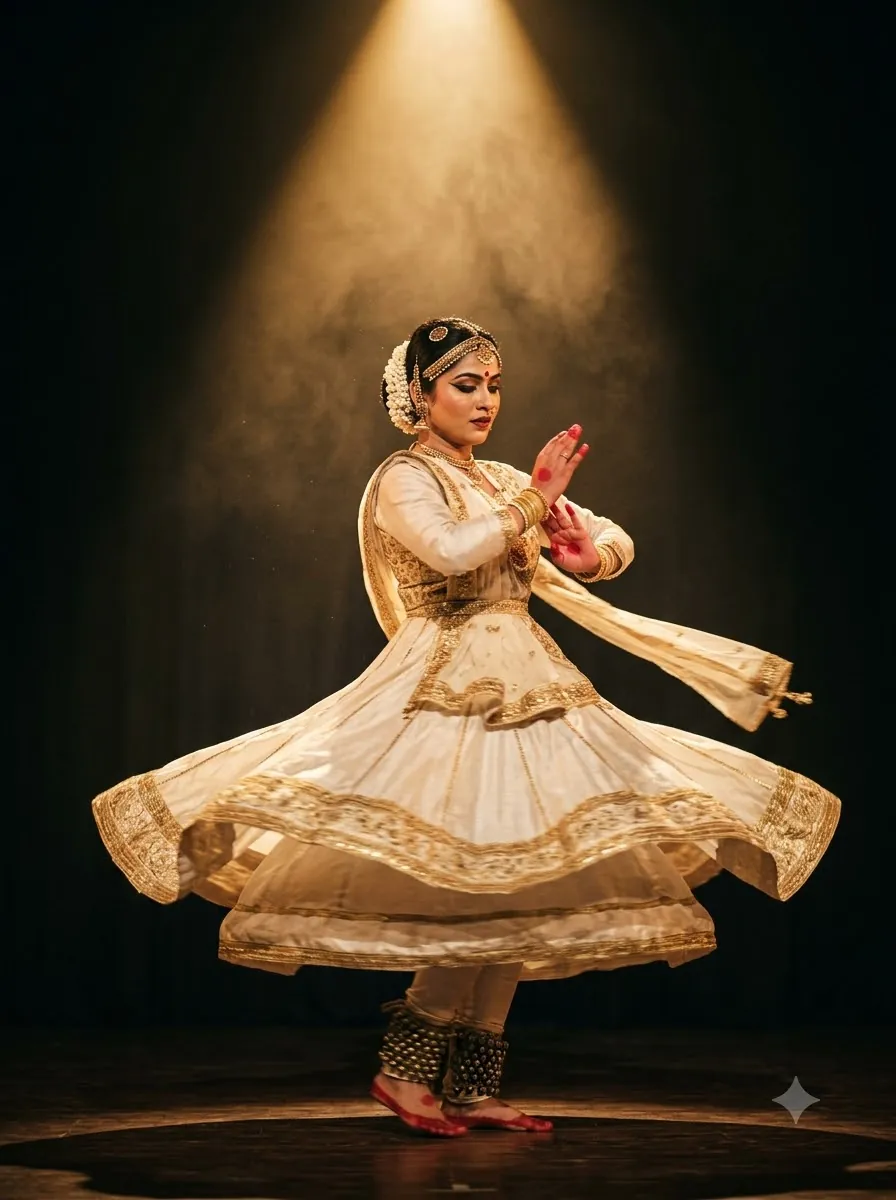 Kathak dancer spinning under a golden spotlight on stage