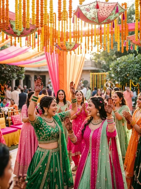 Women dancing at a colourful mehendi ceremony