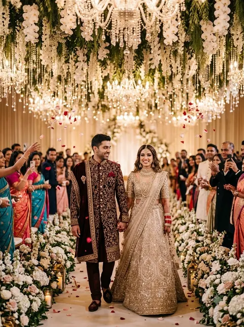 Bride and groom’s grand entry under hanging orchids